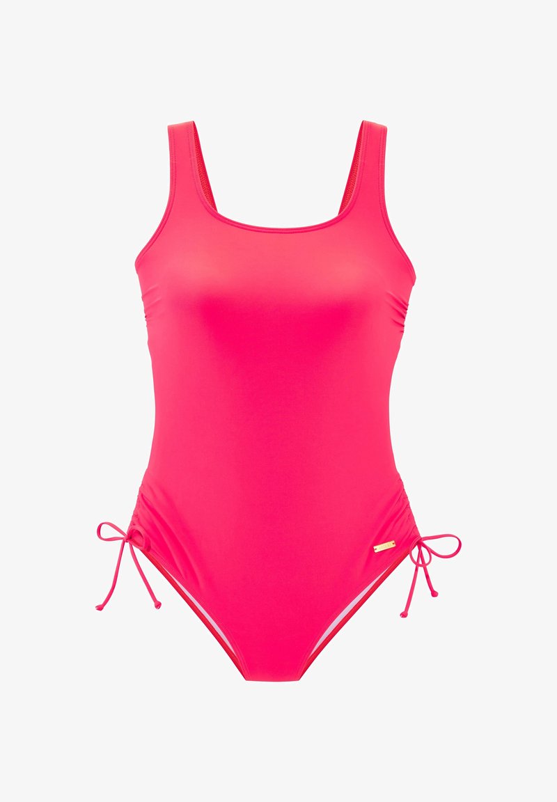 Pink badedragt med firkantet udskæring, justerbare snore i siderne og en glat, elastisk tekstur. Har en lille metaldekoration.