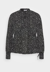 Blusa nera con motivo a macchie bianche, scollatura arricciata, maniche lunghe e polsini regolabili. Realizzata in tessuto leggero.