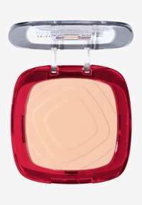 Poudre compacte avec un boîtier en plastique rouge, un couvercle transparent et un intérieur de poudre beige lisse présentant un motif géométrique.