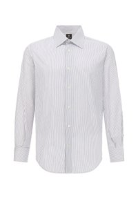 Hemd mit durchgehenden blauen und weißen Streifen, langen Ärmeln mit Knopfmanschetten und klassischem Kragen; aus gewebtem Stoff gefertigt.