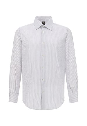 Krekls ar pogām, kas ir ar vertikālu zilu un baltu svītru dizainu, garām piedurknēm ar pogu aprocēm un klasisku apkakli; izgatavots no austas auduma.