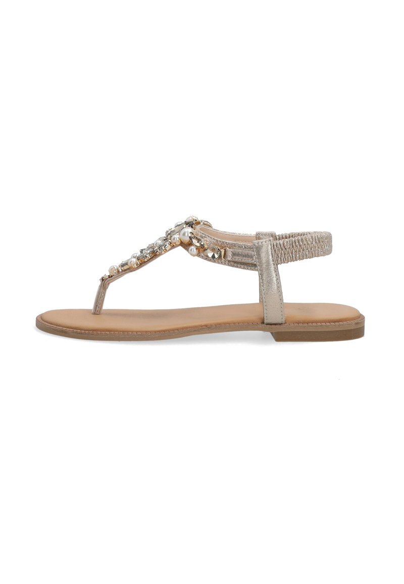 Flade flip-flops i metallisk sølv, med pyntede stropper med perler og rhinsten. Tekstureret bagstrop for sikker pasform.