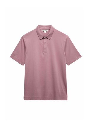 Kort mouw mauve poloshirt met kraag en een knoopsluiting, plat tegen een witte achtergrond weergegeven.