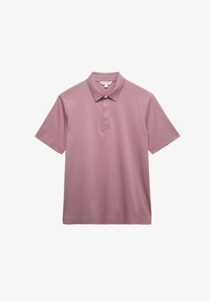 Kort mouw mauve poloshirt met kraag en een knoopsluiting, plat tegen een witte achtergrond weergegeven.