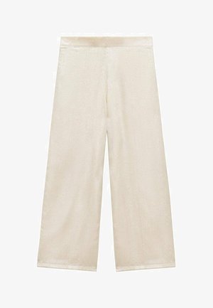 Weite Hose in einem hellen Cremefarbton, aus glattem, glänzendem Stoff mit einem subtilen Schimmer. Verfügt über einen flachen Bund und ein knöchellanges Design.