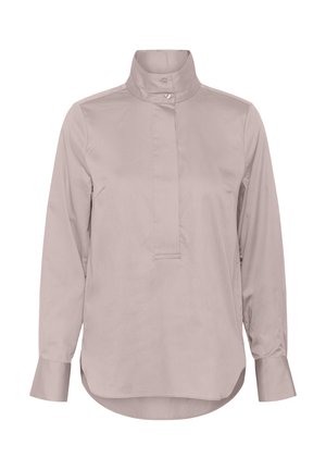 Long-sleeve pale mauve blouse with high stand collar, buttoned front placket, and wide cuffs, displayed on white background.