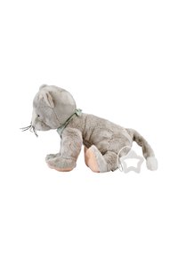 Gray plush cat toy with a soft texture, a green bow, pink paws, and a white star-shaped teether attached to its side.
