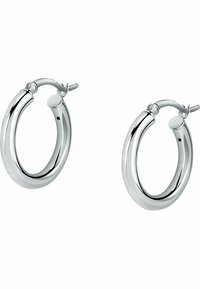 Orecchini a cerchio in argento con una finitura lucida, caratterizzati da un design arrotondato e una chiusura a cerniera per un indossamento sicuro.