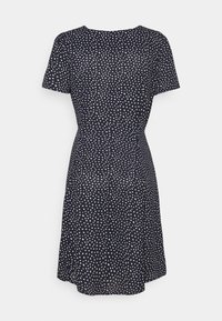 Robe bleu marine à manches courtes, motif abstrait de pois blancs, taille cintrée et jupe évasée. Fabriquée dans un tissu léger et texturé.