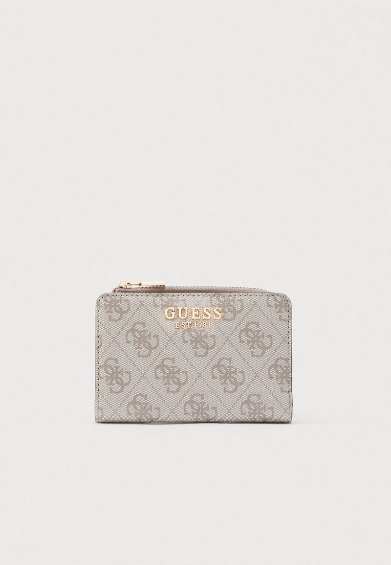 Pelēks teksturēts maks ar reljefotu rakstu, zelta detaļām un rāvējslēdzēja aizdari. Uz priekškajes izvietots uzdruka. Kompakts dizains.