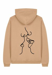 Felpa beige con cappuccio e maniche a costine, decorata sul retro da un'arte astratta a linea continua nera che rappresenta due volti che si baciano.