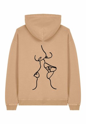 Felpa beige con cappuccio e maniche a costine, decorata sul retro da un'arte astratta a linea continua nera che rappresenta due volti che si baciano.