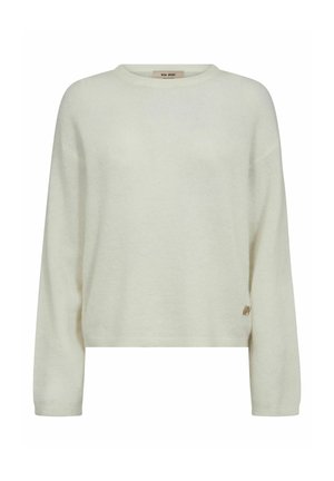 Pullover chiaro in crema realizzato in materiale morbido, caratterizzato da un collo rotondo, maniche lunghe e un piccolo logo sul bordo.