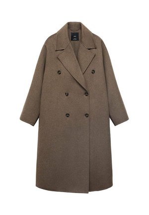 Double-breasted coat in brown wool with a notched collar, large black buttons, and wide sleeves, featuring a knee-length design.