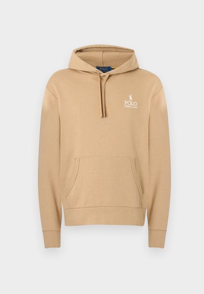 Μπεζ φούτερ με κουκούλα, εμπρός τσέπη και κορδόνια, με μικρό λευκό λογότυπο Polo Ralph Lauren στο στήθος.