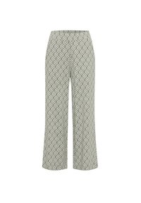 Patterned wide-leg trousers made of lightweight fabric, featuring a green and white geometric design and an elastic waistband.