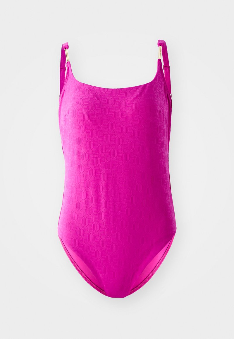 Fuchsia ett stycke badedrakt med teksturert mønster, justerbare stropper og detaljer i gullfarge. Glatt, elastisk materiale.
