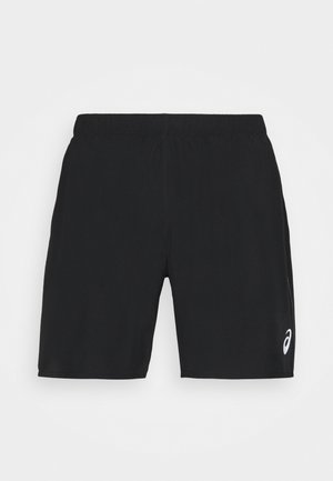 Schwarze Sportshorts aus leichtem Stoff mit einem elastischen Bund. Mit einem weißen Logo auf der unteren rechten Seite.