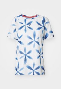 Short-sleeve athletic shirt in white with blue floral pattern. Made from breathable fabric with a textured finish. Features a logo near the neckline.