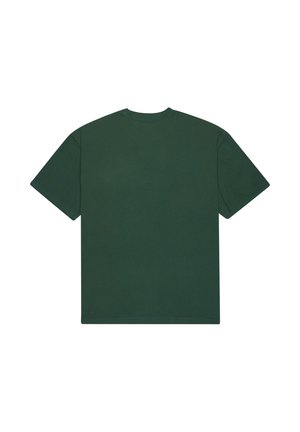 Donkergroene t-shirt met korte mouwen en ronde hals, van achter weergegeven op een witte achtergrond.