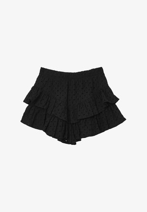 Schwarze, gefältete Shorts aus strukturiertem Stoff mit Punktmustern. Verfügt über einen elastischen Taillenbund und ein gestuftes Design für zusätzliches Volumen.
