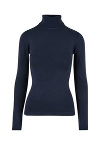 Pull à col roulé bleu marine en tissu lisse et léger, avec manches longues et détails côtelés au col et à l'ourlet.