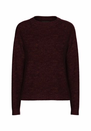 Tumši sarkans džemperis, kas izgatavots no mīksta adījuma auduma, ar apaļu kakla izgriezumu, garām piedurknēm un brīvu piegriezumu, ar ribotām piedurknēm un apakšmalu.