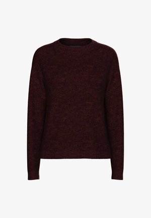 Bordowy sweter wykonany z miękkiej dzianiny, z okrągłym dekoltem, długimi rękawami i luźnym krojem z prążkowanymi mankietami i dołem.
