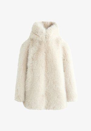 Faux fur coat in cream, featuring a hood, long sleeves, and a loose, oversized fit. Soft texture with a dense fur-like appearance.
