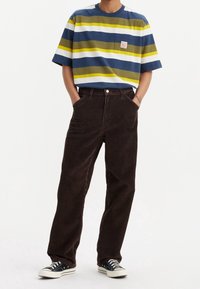 Camiseta de rayas multicolores en azul, verde, amarillo y blanco; pantalones de pana marrón oscuro con bolsillos visibles y cierre de botón. Zapatillas negras.