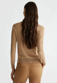 Pull léger marron clair à manches longues avec des poignets et un ourlet côtelés, présentant des détails de couture subtils le long des épaules. Tissu doux et ajusté.