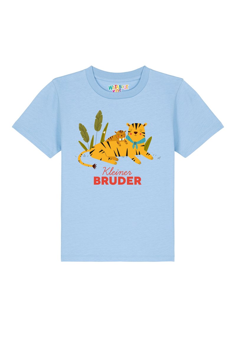 T-shirt bleu clair avec un tigre et un petit tigre en cartoon. Le texte est "Kleiner Bruder" en rouge. Fabriqué en tissu doux et respirant. Manches courtes.