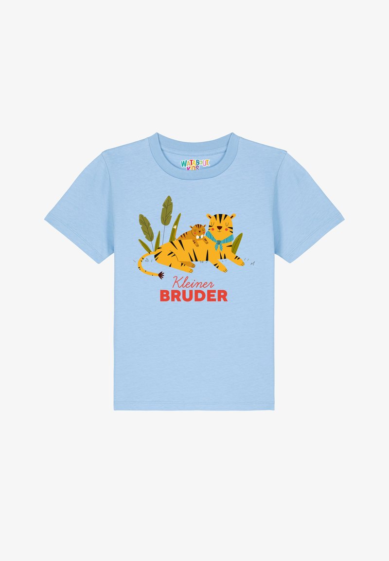 T-shirt bleu clair avec un tigre et un petit tigre en cartoon. Le texte est "Kleiner Bruder" en rouge. Fabriqué en tissu doux et respirant. Manches courtes.