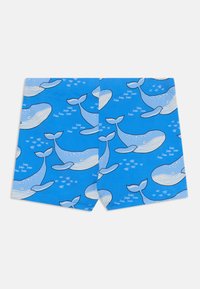 Blå simshorts med ett valmönster, med ljusblå valar och fiskillustrationer. Slät tyg med elastisk midja.