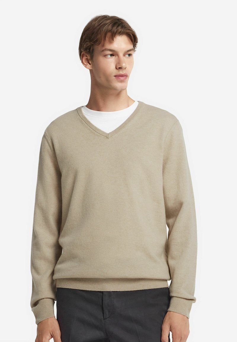 Beige V-ringad tröja gjord av mjukt material. Har ribbade manschetter och nederkant, bärs över en vit rundhalsad skjorta. Enkelt design och neutral färg.