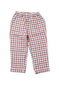 Checked cotton pants with an elastic waistband. Red, blue, and white colors create a grid pattern. Cropped length with rolled cuffs.