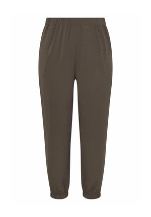 Brązowe spodnie dresowe z elastycznym pasem i ściągaczami przy kostkach, o luźnym kroju, wykonane z miękkiego, teksturowanego materiału.