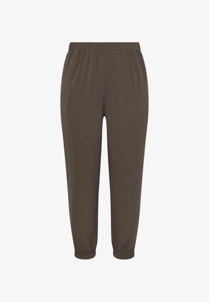 Brązowe spodnie dresowe z elastycznym pasem i ściągaczami przy kostkach, o luźnym kroju, wykonane z miękkiego, teksturowanego materiału.