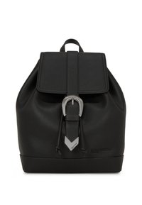 Black leather backpack with a textured finish, featuring a flap closure, silver hardware buckle, and a triangular accent at the base.