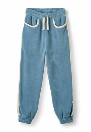 Blaue Fleece-Jogginghose mit elastischem Bund und Bündchen, cremefarbenen Kordeln, cremefarbenen Seitenstreifen und Vordertaschen mit cremefarbenem Besatz.