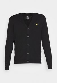 Schwarze Strickjacke mit V-Ausschnitt, fünf Knöpfen und einem gestickten gelben Logo auf der linken Brust. Weicher Stoff und taillierte Ärmel.