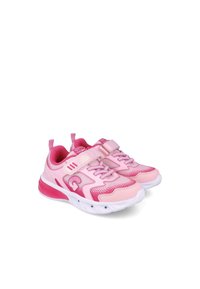 Zapatillas deportivas rosas con material de malla, cuello acolchado, correa ajustable y suela de goma blanca. Presentan acentos rosas y superficie texturizada.