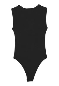 Body nero senza maniche con scollatura rotonda, realizzato in materiale morbido ed elasticizzato, con gamba alta e dettagli delle cuciture minimi.