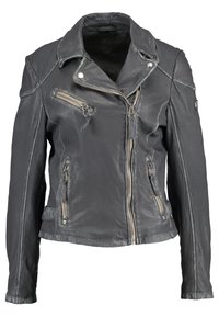 Mørkegrå læder bikerjakke med asymmetrisk frontlynlås, tre lynlåslommer og knappede kravedetaljer.