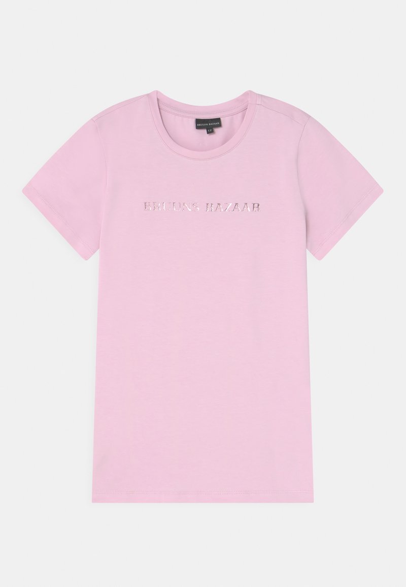 T-shirt de algodão rosa com gola redonda, mangas curtas e "BRIGITTE BAZAAR" impresso em letras metálicas no centro.