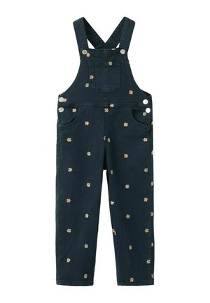 Mørkeblå denimoveralls med små beige broderede blomster, lomme på frontbrystet, knapper i siden og justerbare skulderstropper.