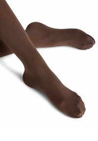 Collant trasparenti marroni con texture liscia e finitura translucida, dotati di punta rinforzata e design senza cuciture per un aspetto elegante.