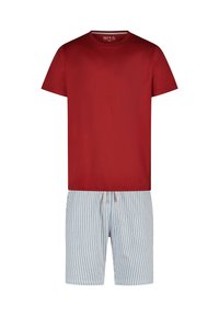 Rode katoenen T-shirt met korte mouwen, gecombineerd met blauw-witte gestreepte shorts, voorzien van een elastische tailleband en een trekkoord.