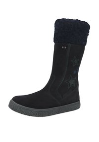 Schwarze Wildlederstiefel mit einem strukturierten, marineblauen Fellbund, bestickten Sternen an der Seite und einer gemusterten Gummisohle.