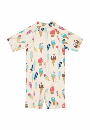 Kremfarvet kortærmet børnebadeheldragt med lynlås foran og farverigt isvaffel- og is-pindsvøm-mønster.